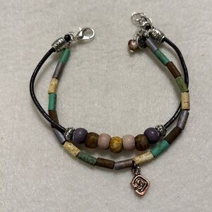 Artisan Leather Picasso Fire Czech Glass Layered Bracelet